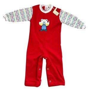 NWT 70s Healthtex Baby Boy Red USA Bear Holding Candle Footless Romper 24 months